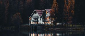 Preview wallpaper houses, forest, trees, lake, reflections, landscape