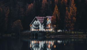 Preview wallpaper houses, forest, trees, lake, reflections, landscape