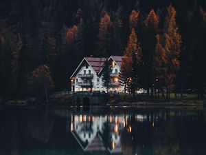 Preview wallpaper houses, forest, trees, lake, reflections, landscape