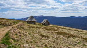 Preview wallpaper houses, grass, mountains, clouds, sky
