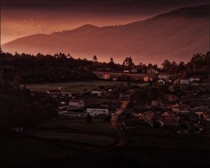 Preview wallpaper houses, hills, fog, sunset, dark