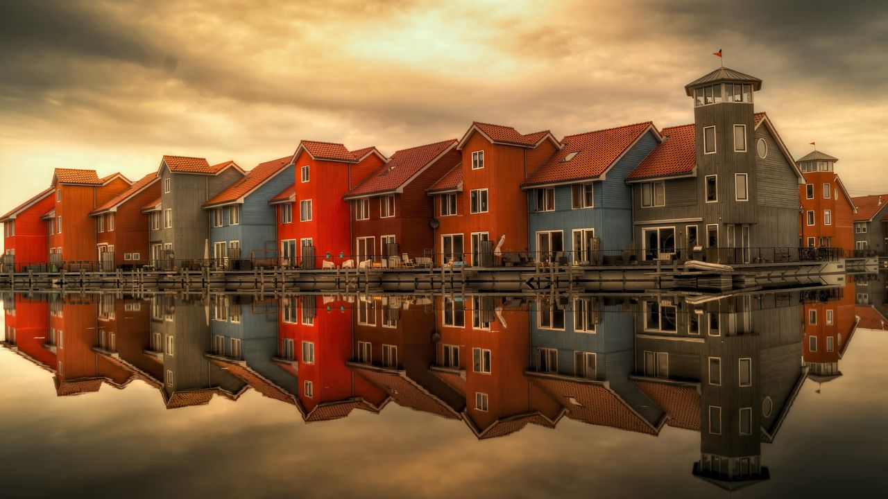 Wallpaper houses, holland, facades, reflection, river, architecture