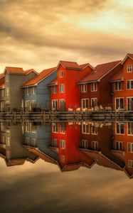 Preview wallpaper houses, holland, facades, reflection, river, architecture