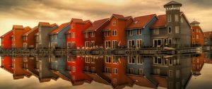 Preview wallpaper houses, holland, facades, reflection, river, architecture
