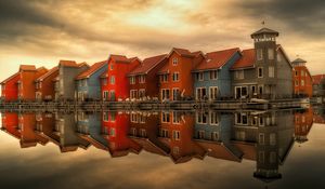 Preview wallpaper houses, holland, facades, reflection, river, architecture