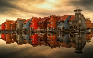 Preview wallpaper houses, holland, facades, reflection, river, architecture