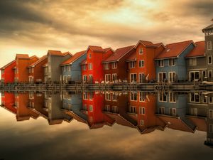 Preview wallpaper houses, holland, facades, reflection, river, architecture