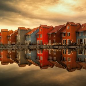 Preview wallpaper houses, holland, facades, reflection, river, architecture