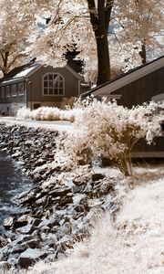 Preview wallpaper houses, lake, beach, stones, colors