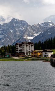 Preview wallpaper houses, lake, mountain, snow