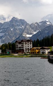 Preview wallpaper houses, lake, mountain, snow