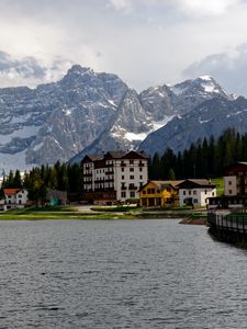 Preview wallpaper houses, lake, mountain, snow