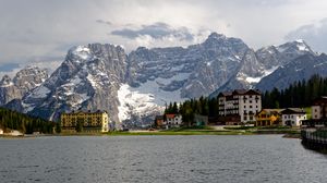 Preview wallpaper houses, lake, mountain, snow