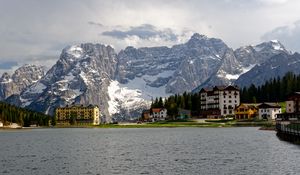 Preview wallpaper houses, lake, mountain, snow