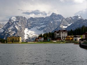 Preview wallpaper houses, lake, mountain, snow