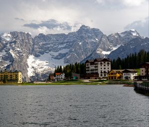 Preview wallpaper houses, lake, mountain, snow