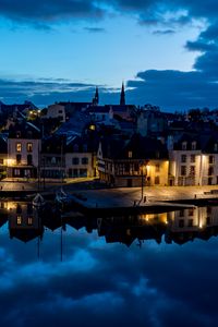 Preview wallpaper houses, light, embankment, river, reflection, twilight