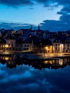 Preview wallpaper houses, light, embankment, river, reflection, twilight