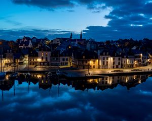 Preview wallpaper houses, light, embankment, river, reflection, twilight