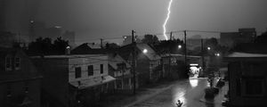 Preview wallpaper houses, lightning, bw, road