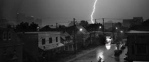 Preview wallpaper houses, lightning, bw, road