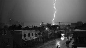 Preview wallpaper houses, lightning, bw, road