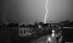 Preview wallpaper houses, lightning, bw, road