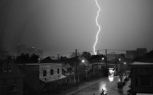 Preview wallpaper houses, lightning, bw, road