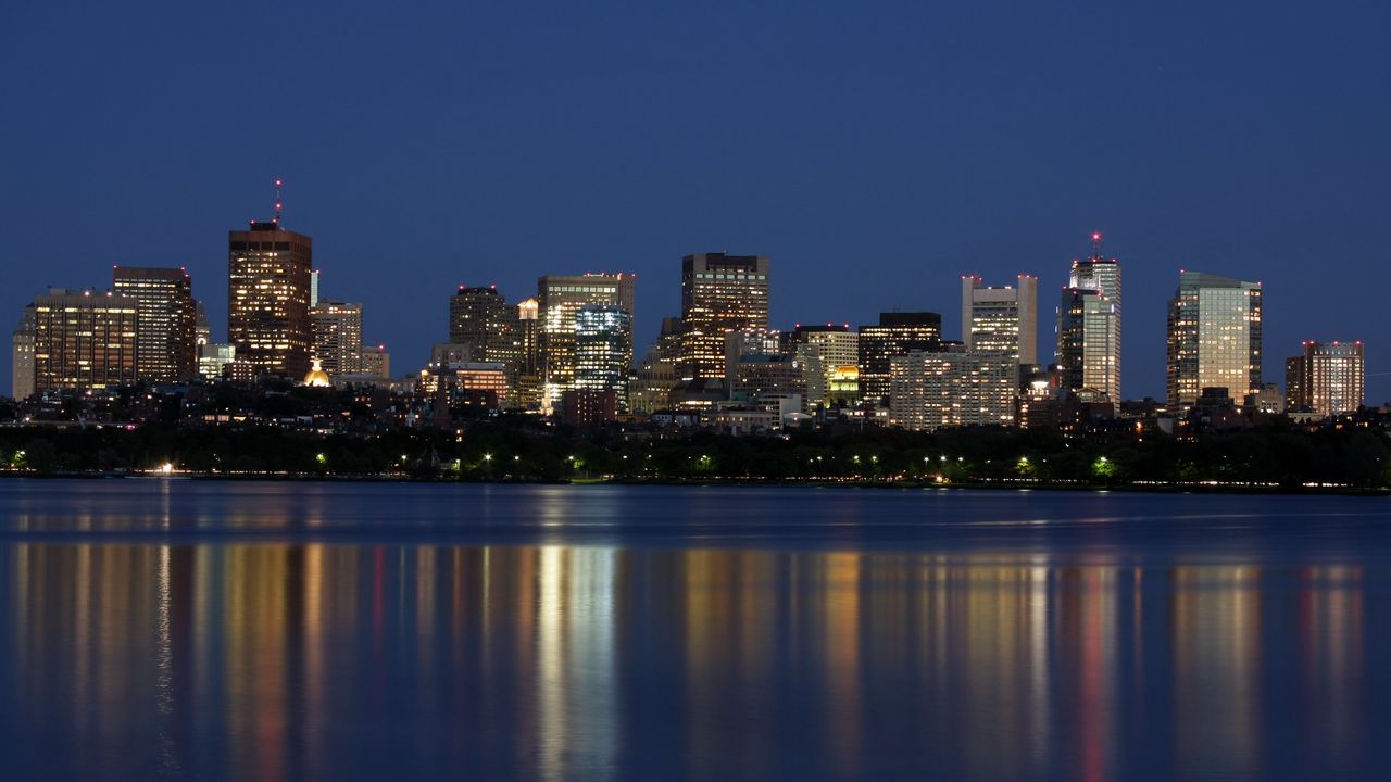 Wallpaper houses, lights, river, reflection, night