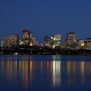 Preview wallpaper houses, lights, river, reflection, night