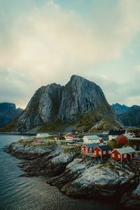 Preview wallpaper houses, mountain, coast, aerial view, landscape, norway, scandinavia