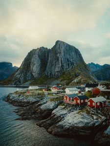 Preview wallpaper houses, mountain, coast, aerial view, landscape, norway, scandinavia