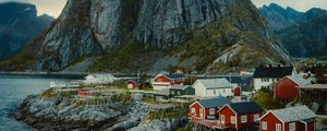 Preview wallpaper houses, mountain, coast, aerial view, landscape, norway, scandinavia
