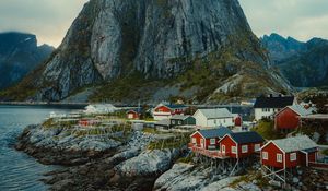 Preview wallpaper houses, mountain, coast, aerial view, landscape, norway, scandinavia