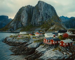 Preview wallpaper houses, mountain, coast, aerial view, landscape, norway, scandinavia