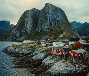 Preview wallpaper houses, mountain, coast, aerial view, landscape, norway, scandinavia