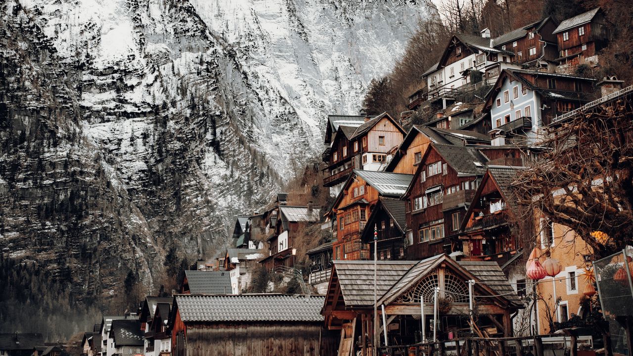 Wallpaper houses, mountains, by the river, snowy
