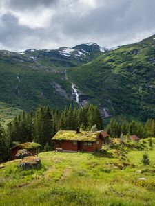 Preview wallpaper houses, mountains, trees, grass, nature