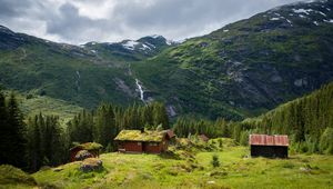 Preview wallpaper houses, mountains, trees, grass, nature