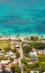 Preview wallpaper houses, palm trees, tropics, sea, aerial view
