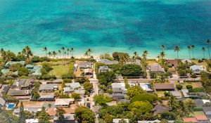 Preview wallpaper houses, palm trees, tropics, sea, aerial view