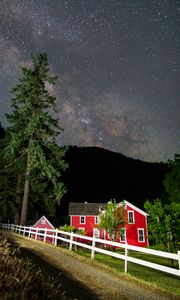 Preview wallpaper houses, path, fence, forest, stars, night