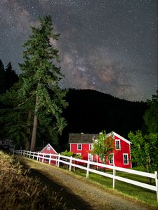 Preview wallpaper houses, path, fence, forest, stars, night