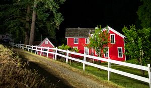 Preview wallpaper houses, path, fence, forest, stars, night