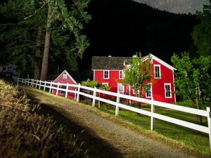 Preview wallpaper houses, path, fence, forest, stars, night