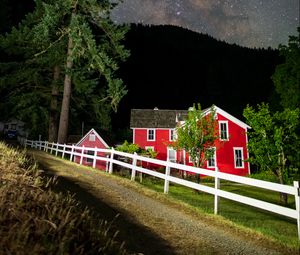 Preview wallpaper houses, path, fence, forest, stars, night