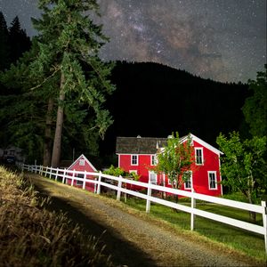 Preview wallpaper houses, path, fence, forest, stars, night