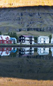 Preview wallpaper houses, reflection, lake, mountains