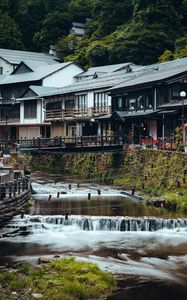 Preview wallpaper houses, river, cascade, bridge