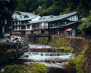 Preview wallpaper houses, river, cascade, bridge